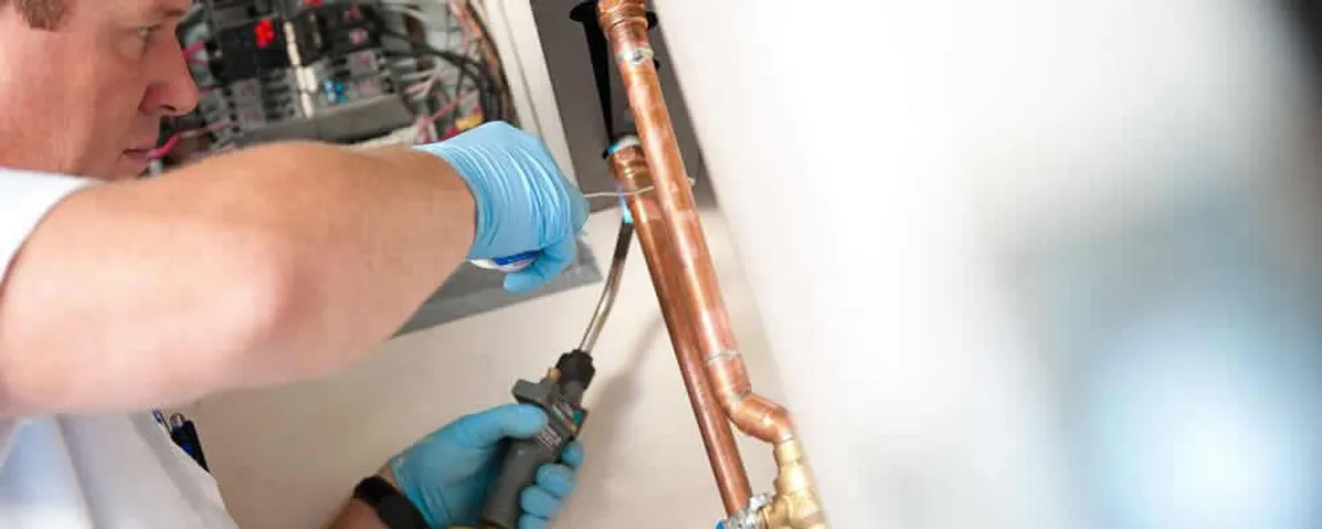Water heater repair technician testing copper pipe connections and controls in Beverly, MA